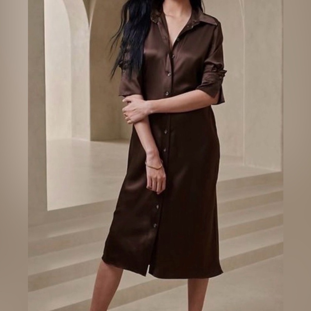 New Banana Republic Brown Enchant 100% Silk Long Sleeve Shirtdress Size XS